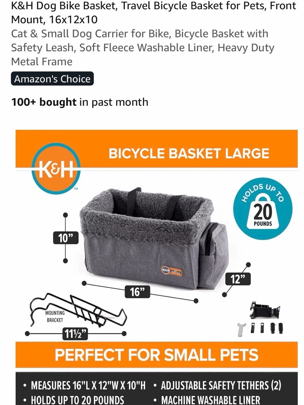 K&H Dog Bike Basket, Travel Bicycle Basket for Pets